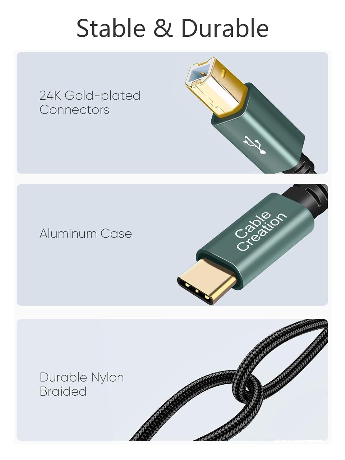USB B to USB C 6.6 FT, MIDI Cable, Nylon USB B to C Printer Cord for Macbook Pro/Air, USB Type C to Type B Cable for Yamaha Piano, MIDI Keyboard, DJ Controller, DAC, Green